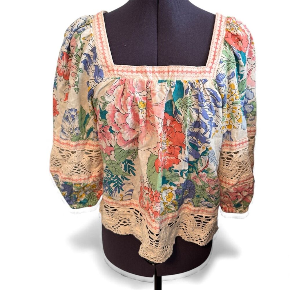 Christian Siriano Floral Peasant Blouse XS Lace Resort Vacation Beach Casual